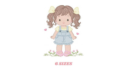 Baby girl embroidery designs - Girl with long hair ponytail and hearts machine embroidery pattern - Princess with flower - Instant download