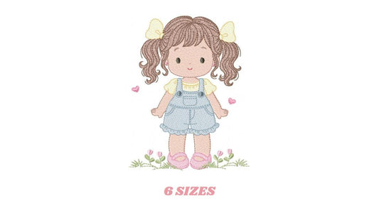 Baby girl embroidery designs - Girl with long hair ponytail and hearts machine embroidery pattern - Princess with flower - Instant download