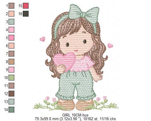 Baby girl embroidery designs - Girl with long hair and heart machine embroidery pattern - Princess with flower - Instant download pes jef