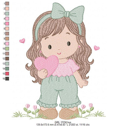 Baby girl embroidery designs - Girl with long hair and heart machine embroidery pattern - Princess with flower - Instant download pes jef