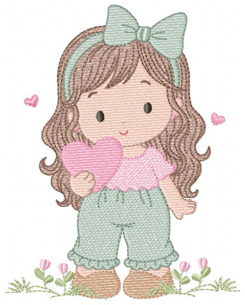Baby girl embroidery designs - Girl with long hair and heart machine embroidery pattern - Princess with flower - Instant download pes jef