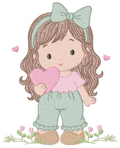 Baby girl embroidery designs - Girl with long hair and heart machine embroidery pattern - Princess with flower - Instant download pes jef