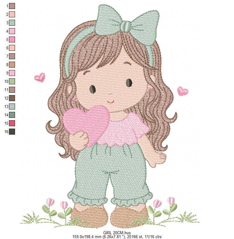 Baby girl embroidery designs - Girl with long hair and heart machine embroidery pattern - Princess with flower - Instant download pes jef