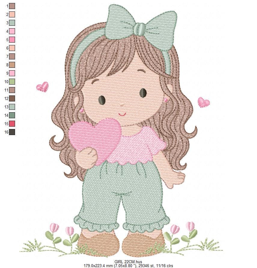 Baby girl embroidery designs - Girl with long hair and heart machine embroidery pattern - Princess with flower - Instant download pes jef