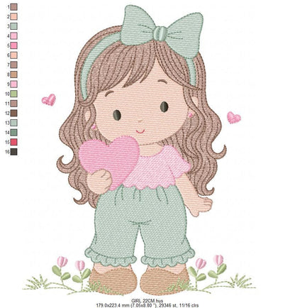 Baby girl embroidery designs - Girl with long hair and heart machine embroidery pattern - Princess with flower - Instant download pes jef