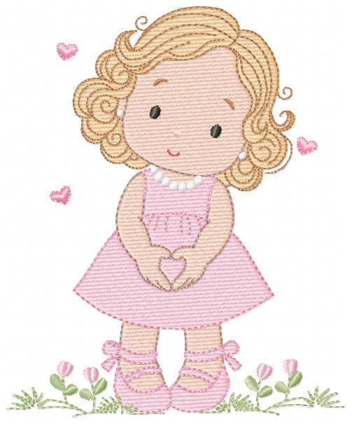 Girl with curly hair and flowers embroidery designs - Princess machine embroidery pattern - Girl with lace and hearts - Instant download pes