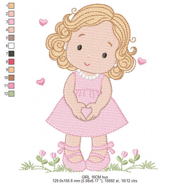 Girl with curly hair and flowers embroidery designs - Princess machine embroidery pattern - Girl with lace and hearts - Instant download pes