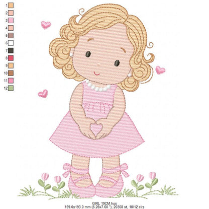 Girl with curly hair and flowers embroidery designs - Princess machine embroidery pattern - Girl with lace and hearts - Instant download pes
