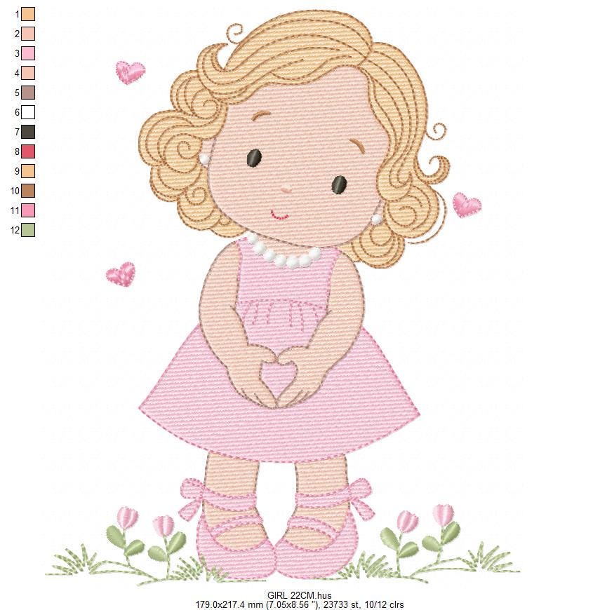Girl with curly hair and flowers embroidery designs - Princess machine embroidery pattern - Girl with lace and hearts - Instant download pes