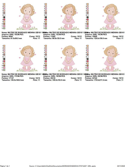 Girl with curly hair and flowers embroidery designs - Princess machine embroidery pattern - Girl with lace and hearts - Instant download pes