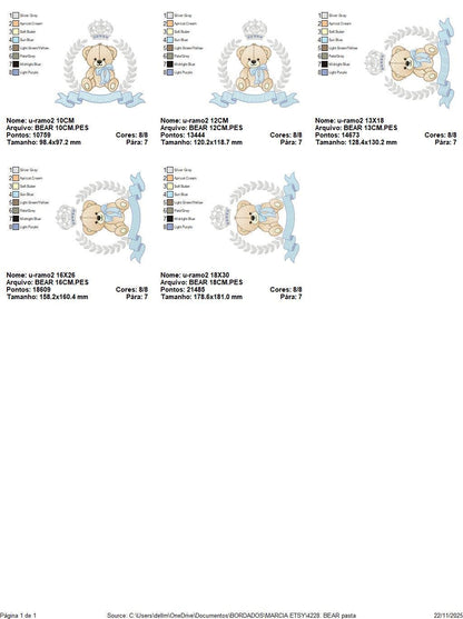 Frame Male Bear embroidery designs - Laurel Teddy Bear machine embroidery pattern - Baby Boy Bear wreath file - Instant digital download pes