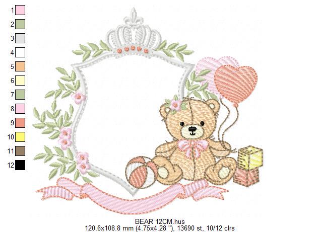 Monogram Frame Girl Bear embroidery designs - Laurel Teddy Bear machine embroidery pattern - Baby Bear Bear Wreath file - Instant download
