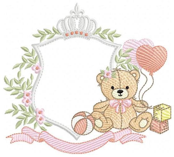 Monogram Frame Girl Bear embroidery designs - Laurel Teddy Bear machine embroidery pattern - Baby Bear Bear Wreath file - Instant download