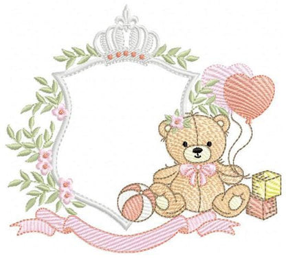 Monogram Frame Girl Bear embroidery designs - Laurel Teddy Bear machine embroidery pattern - Baby Bear Bear Wreath file - Instant download
