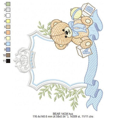 Monogram Frame Male Bear embroidery designs - Laurel Teddy Bear machine embroidery pattern - Baby Bear Bear Wreath file - Instant download