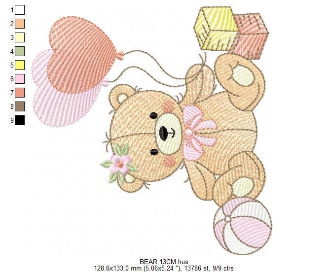 Birthday Bear with balloons embroidery designs - Baby Girl Bear with toys machine embroidery pattern - Instant digital download pes jef dst