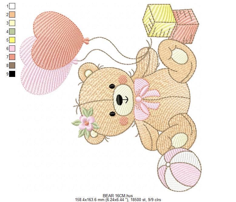 Birthday Bear with balloons embroidery designs - Baby Girl Bear with toys machine embroidery pattern - Instant digital download pes jef dst