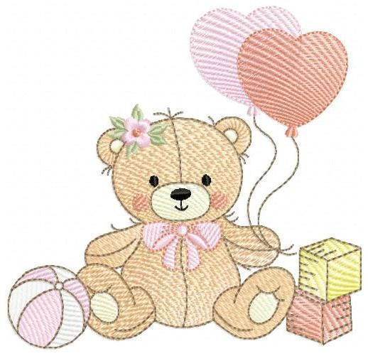 Birthday Bear with balloons embroidery designs - Baby Girl Bear with toys machine embroidery pattern - Instant digital download pes jef dst