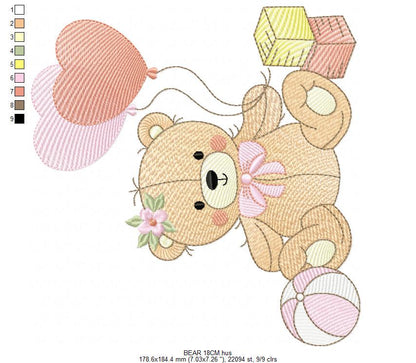 Birthday Bear with balloons embroidery designs - Baby Girl Bear with toys machine embroidery pattern - Instant digital download pes jef dst