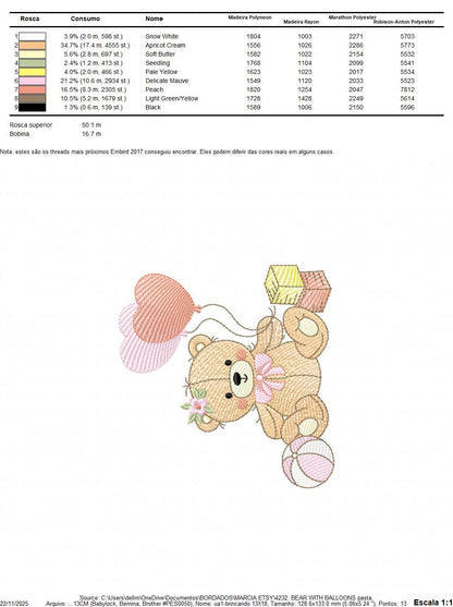 Birthday Bear with balloons embroidery designs - Baby Girl Bear with toys machine embroidery pattern - Instant digital download pes jef dst
