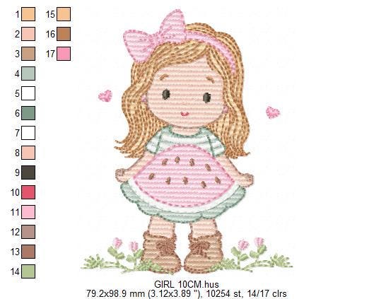 Baby girl embroidery designs - Girl with long hair and lace machine embroidery pattern - Princess with watermelon dress - Instant download