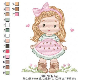 Baby girl embroidery designs - Girl with long hair and lace machine embroidery pattern - Princess with watermelon dress - Instant download