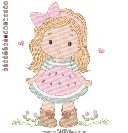 Baby girl embroidery designs - Girl with long hair and lace machine embroidery pattern - Princess with watermelon dress - Instant download