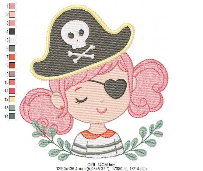 Pirate girl embroidery designs - Buccaneer machine embroidery pattern - Nautical Baby girl file - Instant digital download pes jef dst hus