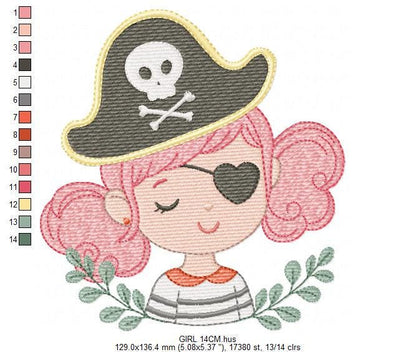 Pirate girl embroidery designs - Buccaneer machine embroidery pattern - Nautical Baby girl file - Instant digital download pes jef dst hus