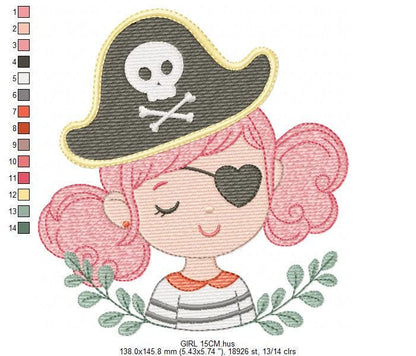 Pirate girl embroidery designs - Buccaneer machine embroidery pattern - Nautical Baby girl file - Instant digital download pes jef dst hus