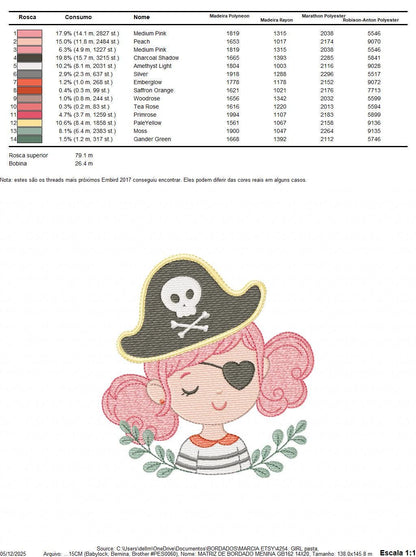 Pirate girl embroidery designs - Buccaneer machine embroidery pattern - Nautical Baby girl file - Instant digital download pes jef dst hus