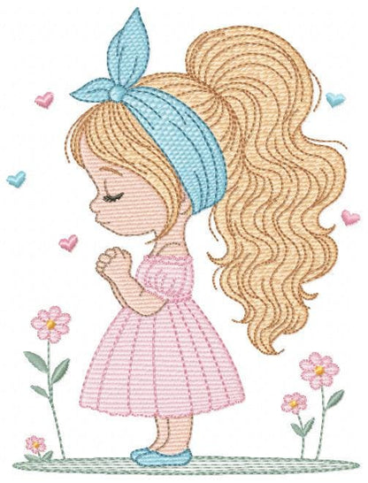 Baby girl embroidery designs - Girl with long hair bun machine embroidery pattern - Princess with flowers file - Instant download pes jef