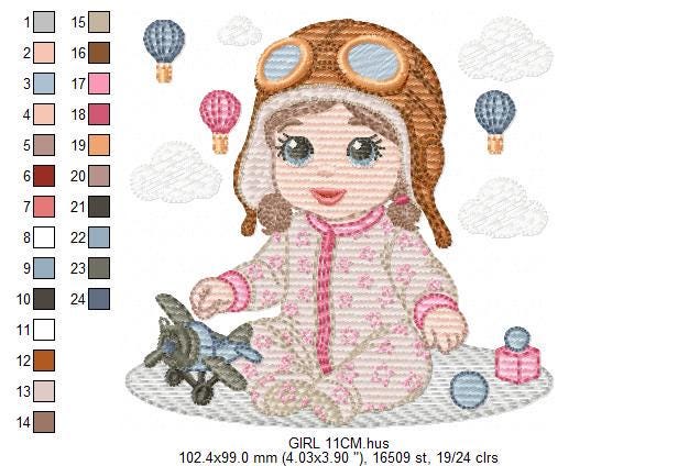 Baby girl Pilot embroidery design - Toddler with toy plane machine embroidery pattern - Aviator with goggles - Instant digital download pes