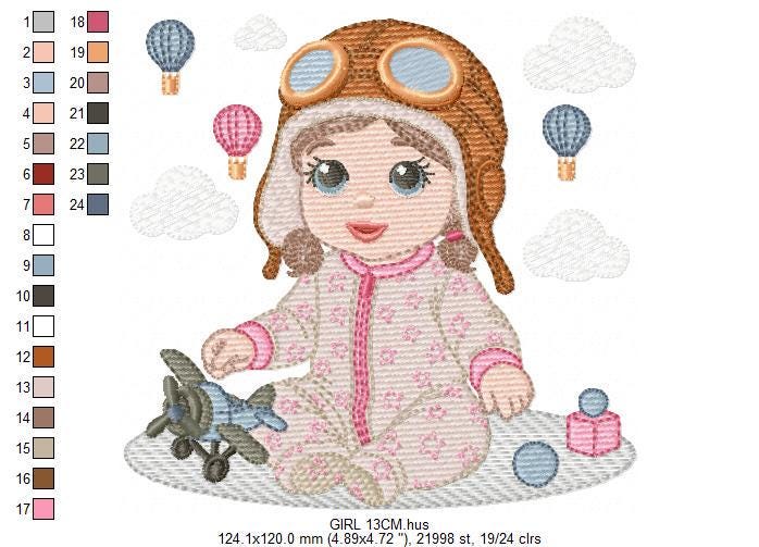 Baby girl Pilot embroidery design - Toddler with toy plane machine embroidery pattern - Aviator with goggles - Instant digital download pes