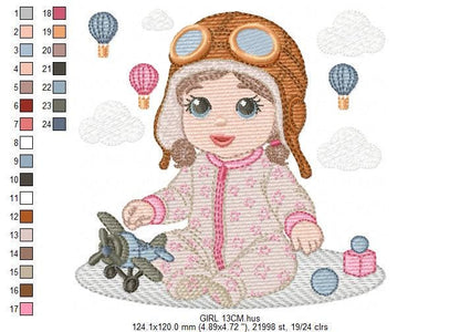 Baby girl Pilot embroidery design - Toddler with toy plane machine embroidery pattern - Aviator with goggles - Instant digital download pes