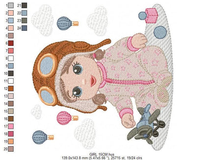 Baby girl Pilot embroidery design - Toddler with toy plane machine embroidery pattern - Aviator with goggles - Instant digital download pes