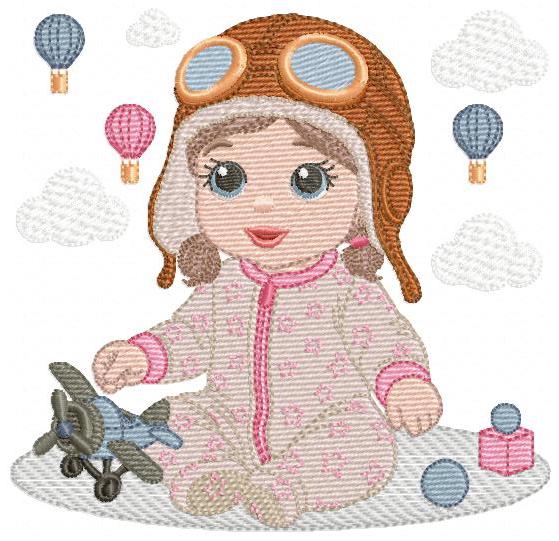 Baby girl Pilot embroidery design - Toddler with toy plane machine embroidery pattern - Aviator with goggles - Instant digital download pes