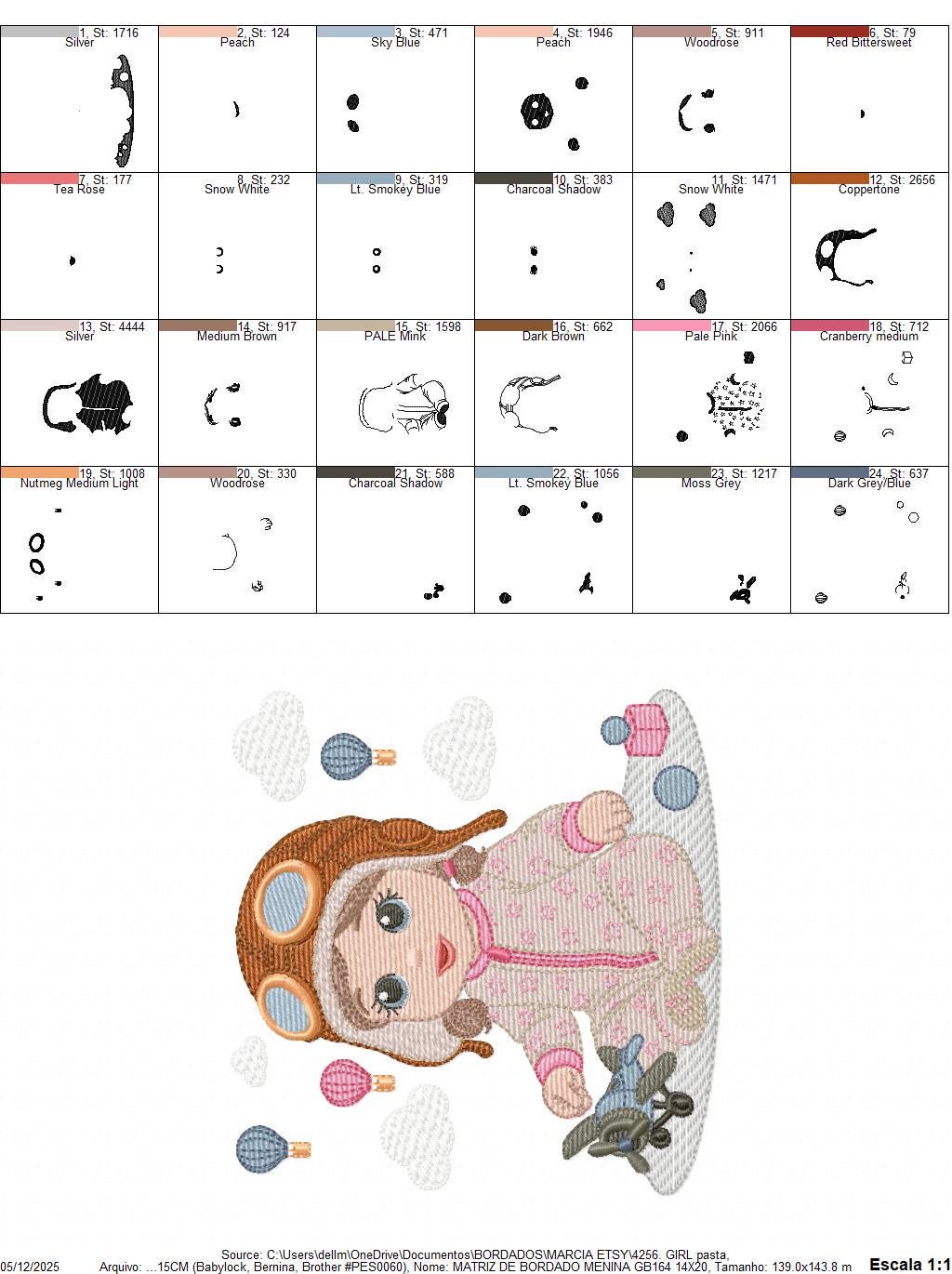 Baby girl Pilot embroidery design - Toddler with toy plane machine embroidery pattern - Aviator with goggles - Instant digital download pes