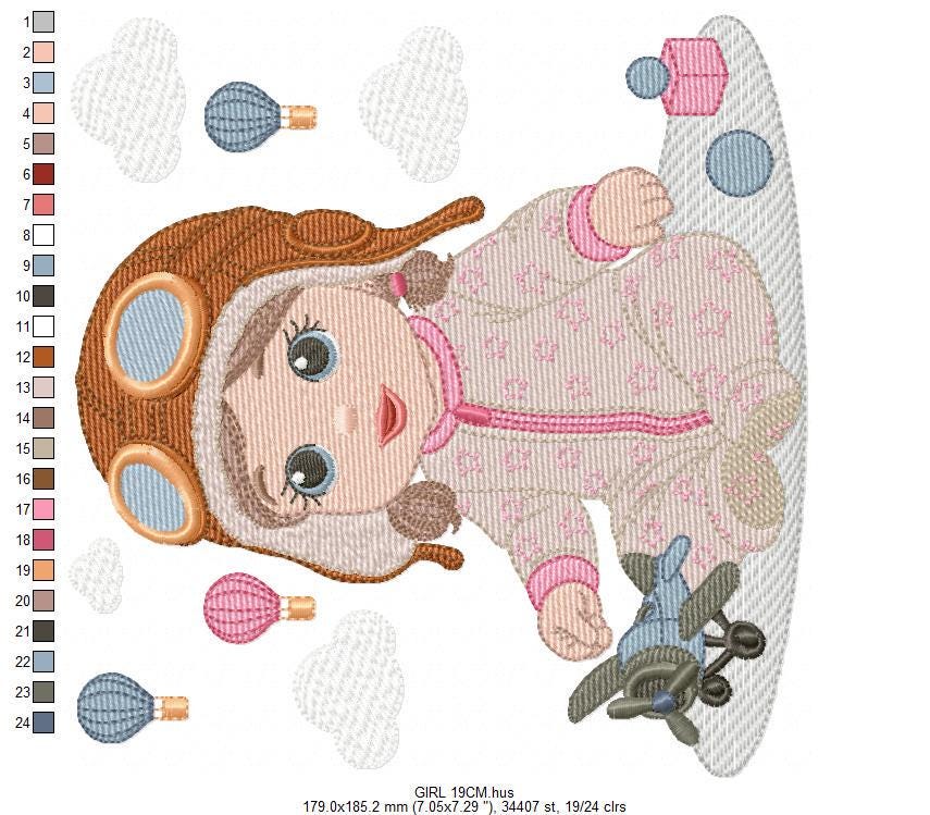 Baby girl Pilot embroidery design - Toddler with toy plane machine embroidery pattern - Aviator with goggles - Instant digital download pes