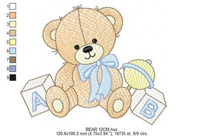 Bear with toys and baby rattle embroidery designs - Boy Bear machine embroidery pattern - Instant digital download pes jef dst hus vp3 xxx