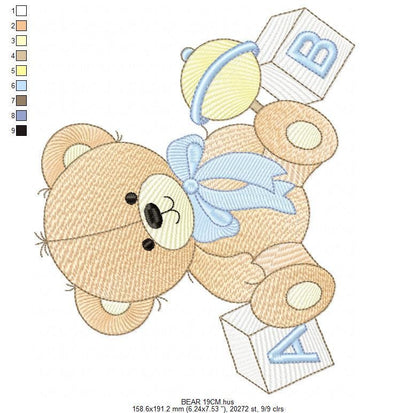 Bear with toys and baby rattle embroidery designs - Boy Bear machine embroidery pattern - Instant digital download pes jef dst hus vp3 xxx