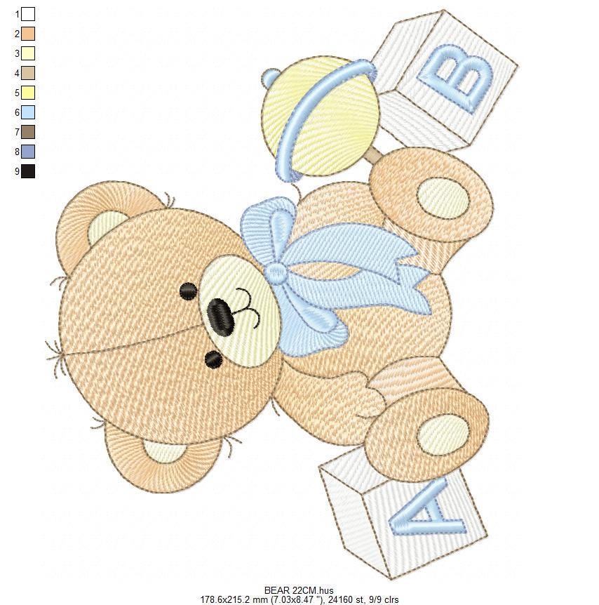 Bear with toys and baby rattle embroidery designs - Boy Bear machine embroidery pattern - Instant digital download pes jef dst hus vp3 xxx