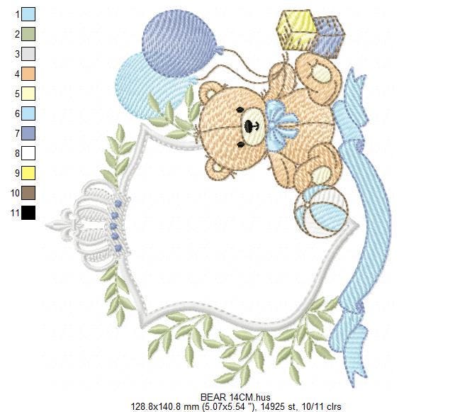 Bear with toys embroidery designs - Baby boy Bear with monogram frame machine embroidery pattern - Instant digital download pes jef dst hus
