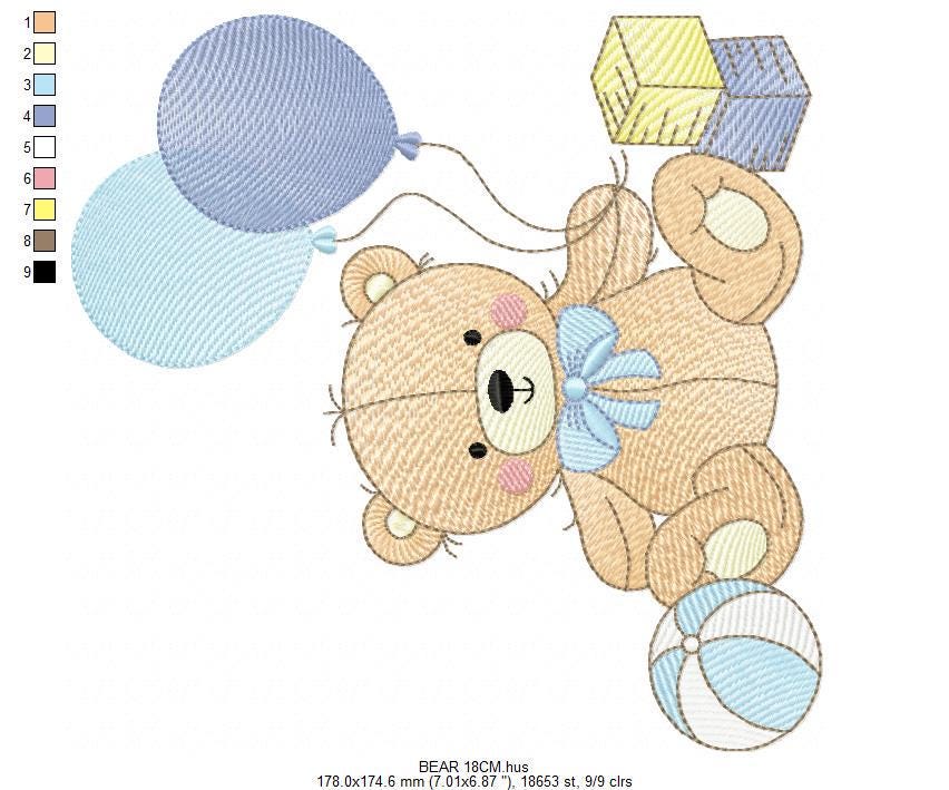 Party Bear with toys embroidery designs - Baby Boy Bear with balloons machine embroidery pattern - Instant digital download pes jef dst hus