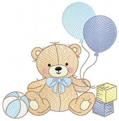 Party Bear with toys embroidery designs - Baby Boy Bear with balloons machine embroidery pattern - Instant digital download pes jef dst hus