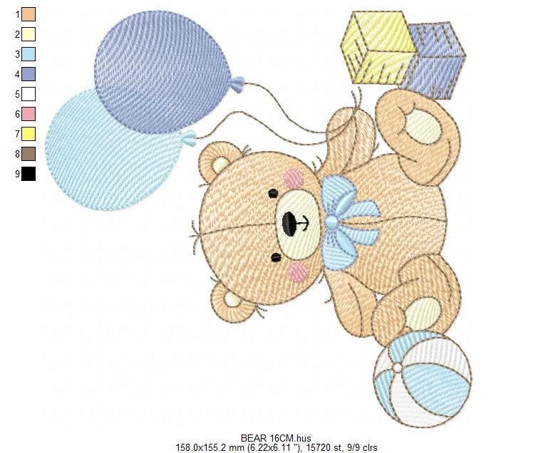 Party Bear with toys embroidery designs - Baby Boy Bear with balloons machine embroidery pattern - Instant digital download pes jef dst hus