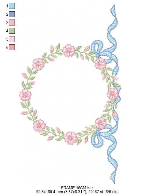 Flower Frame embroidery designs - Rose Wreath with lace machine embroidery pattern - Kitchen Tea Towel embroidery - Instant download pes jef