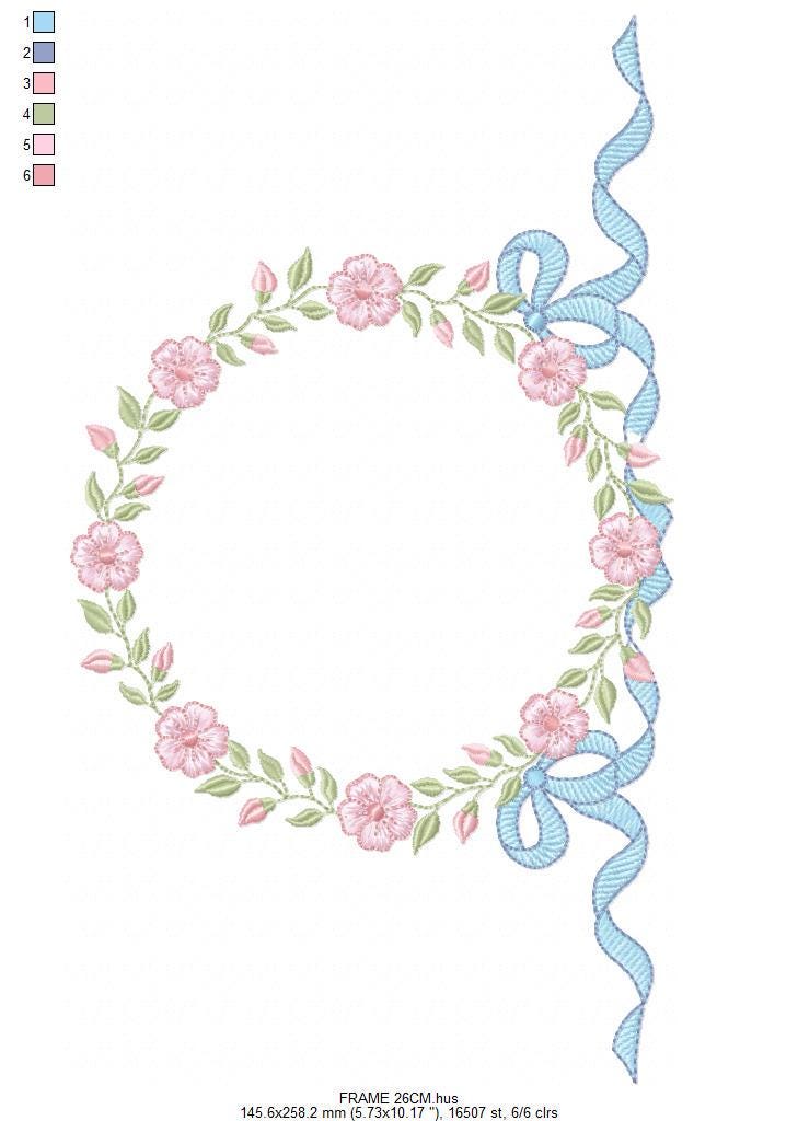 Flower Frame embroidery designs - Rose Wreath with lace machine embroidery pattern - Kitchen Tea Towel embroidery - Instant download pes jef