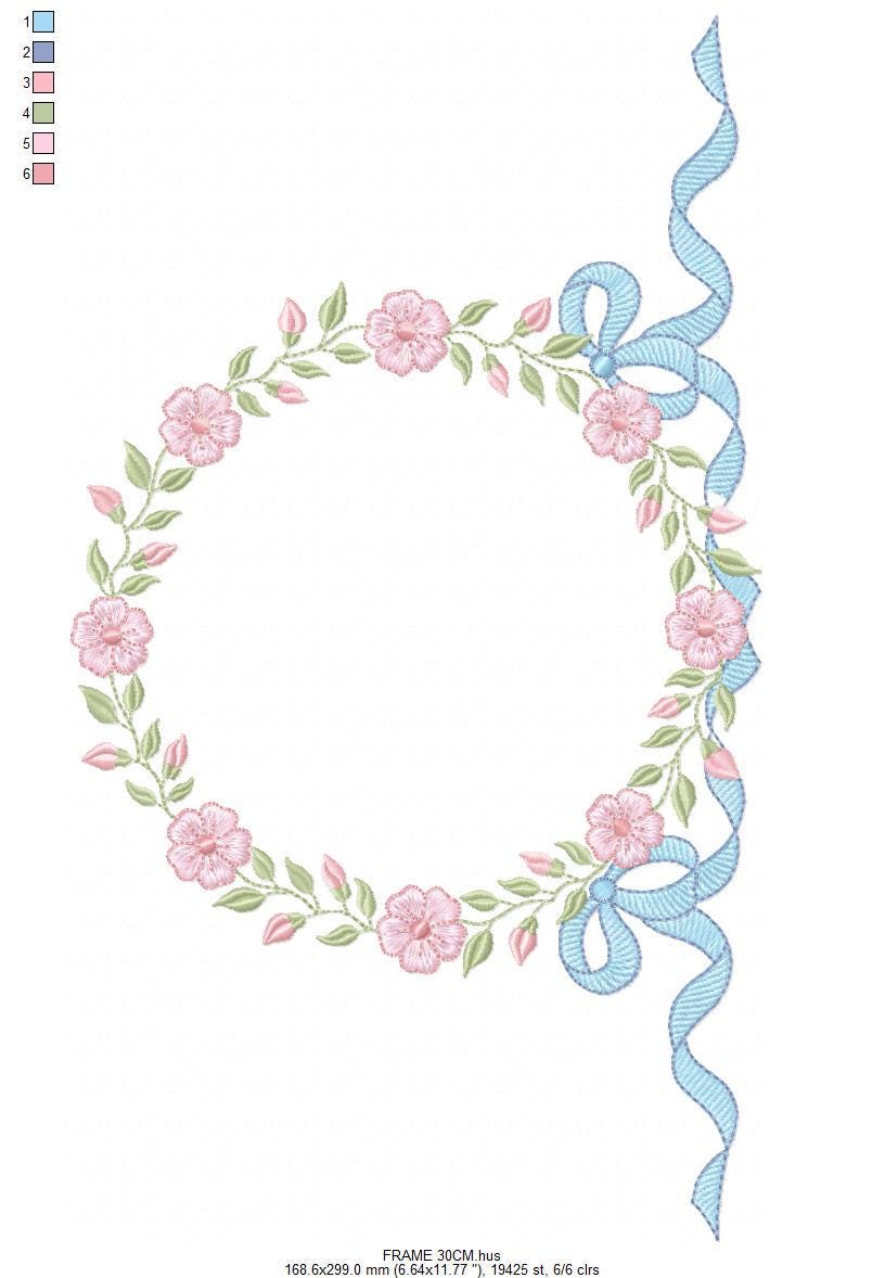 Flower Frame embroidery designs - Rose Wreath with lace machine embroidery pattern - Kitchen Tea Towel embroidery - Instant download pes jef