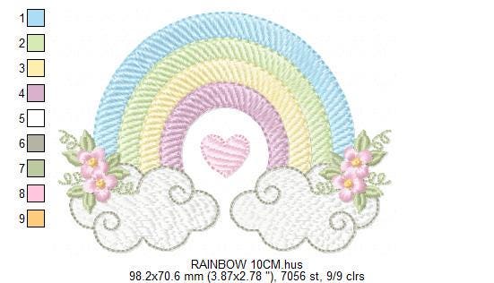 Rainbow with flowers embroidery design - Colorful Rainbow with heart machine embroidery pattern - Instant digital download pes jef dst hus